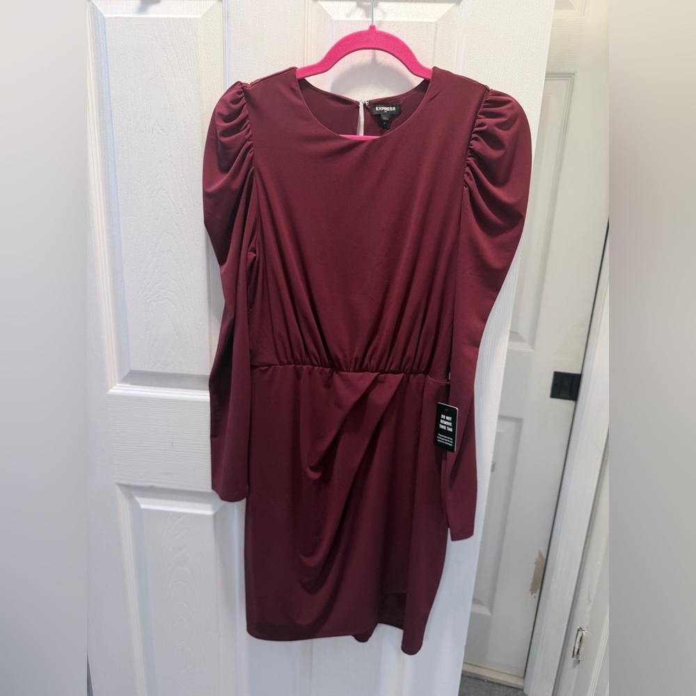 Express puff shoulder burgundy midi dress